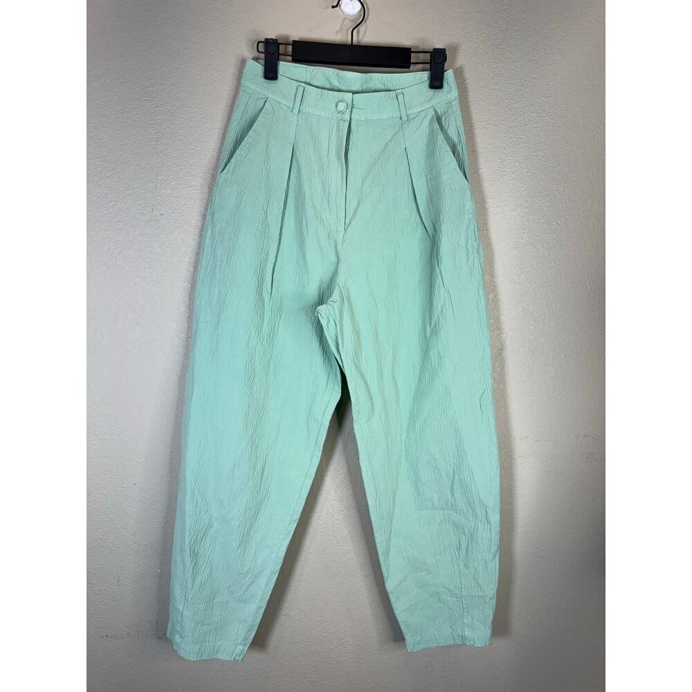 Nocturne Mint Green Tapered Textured Pants‎ 36 High Waist Pleated Trousers